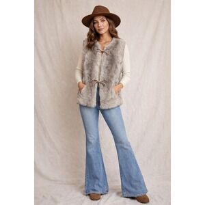 Hillmoor New York Faux Fur Vest Women's Knit Sleeves Tie Front Gray‎